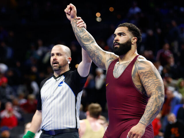 PHILADELPHIA, PENNSYLVANIA - MARCH 21: Gable Steveson of the University of Minnesota is declared the winner after defeating Owen Trephan of Lehigh University in the 285-pound class during the Division I Men's Wrestling Championship held at the Wells Fargo Center on March 21, 2025 in Philadelphia, Pennsylvania.
