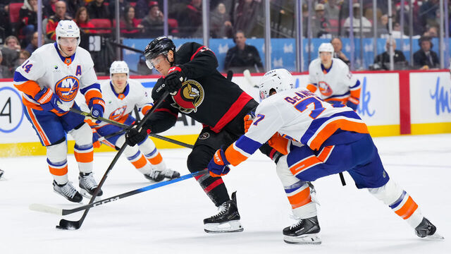 OTTAWA, CANADA - MARCH 19: Shane Pinto #12 of the Ottawa Senators skates against the New York Islanders on March 19, 2026 at Canadian Tire Centre in Ottawa, Ontario, Canada.