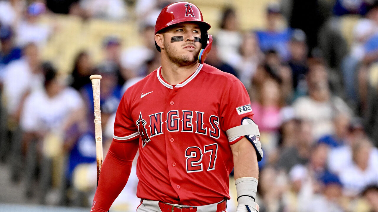 Los Angeles, CA - March 24: Mike Trout #27 of the Los Angeles Angels reacts after string out swinging against starting pitcher Shohei Ohtani #17 of the Los Angeles Dodgers in the third inning of an exhibition baseball game at Dodger Stadium in Los Angeles on Tuesday, March 24, 2026.