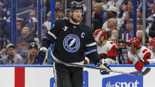 TAMPA, FL - MARCH 14: Victor Hedman #77 of the Tampa Bay Lightning against the Carolina Hurricanes at Benchmark International Arena on March 14, 2026 in Tampa, Florida.