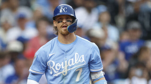 KANSAS CITY, MISSOURI - JUNE 29: Bobby Witt Jr. #7 of the Kansas City Royals reacts in the eighth inning during a game against the Los Angeles Dodgers at Kauffman Stadium on June 29, 2025 in Kansas City, Missouri.