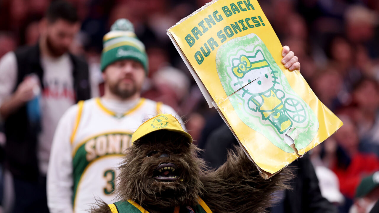 SEATTLE, WASHINGTON - DECEMBER 07: A Seattle Supersonics fan dressed as Bigfoot is seen during the game between the Gonzaga Bulldogs and the Kentucky Wildcats at Climate Pledge Arena on December 07, 2024 in Seattle, Washington.
