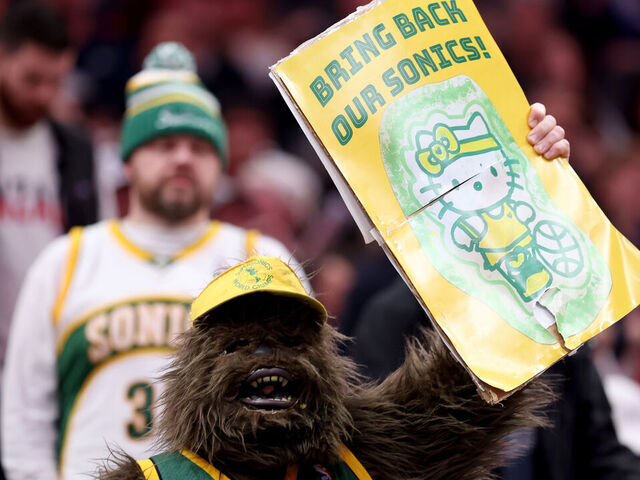 SEATTLE, WASHINGTON - DECEMBER 07: A Seattle Supersonics fan dressed as Bigfoot is seen during the game between the Gonzaga Bulldogs and the Kentucky Wildcats at Climate Pledge Arena on December 07, 2024 in Seattle, Washington.