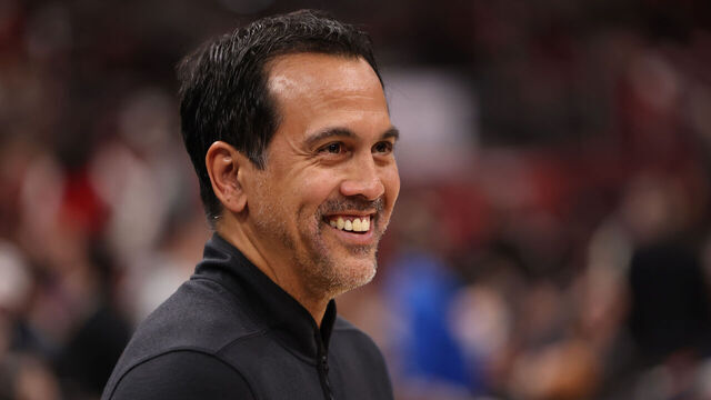 CHICAGO, ILLINOIS - JANUARY 8: Head coach Erik Spoelstra of the Miami Heat looks on before a game against the Chicago Bulls at the United Center on January 8, 2026 in Chicago, Illinois.