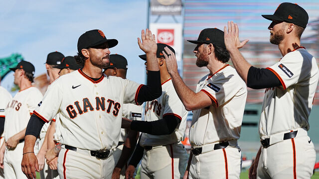 SAN FRANCISCO, CA - MARCH 25: Manager Tony Vitello #23 of the San Francisco Giants greets players on the field prior to the game between the New York Yankees and the San Francisco Giants at Oracle Park on Wednesday, March 25, 2026 in San Francisco, California.