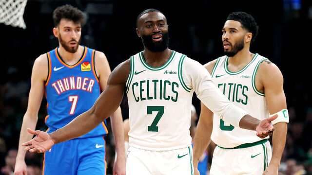 BOSTON, MASSACHUSETTS - MARCH 25: Jaylen Brown #7 of the Boston Celtics reacts to a foul called against him during the second half of the game against the Oklahoma City Thunder at TD Garden on March 25, 2026 in Boston, Massachusetts. The Celtics defeat the Thunder 119-109. NOTE TO USER: User expressly acknowledges and agrees that, by downloading and/or using this Photograph, user is consenting to the terms and conditions of the Getty Images License Agreement.