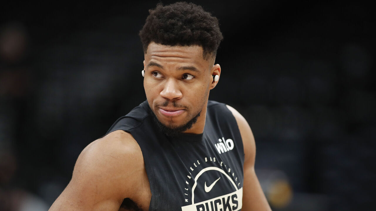 SALT LAKE CITY, UT - MARCH 19: Giannis Antetokounmpo #29 of the Milwaukee Bucks walks on the court during warmups before their game against the Utah Jazz at the Delta Center on March 19, 2026 in Salt Lake City, Utah.