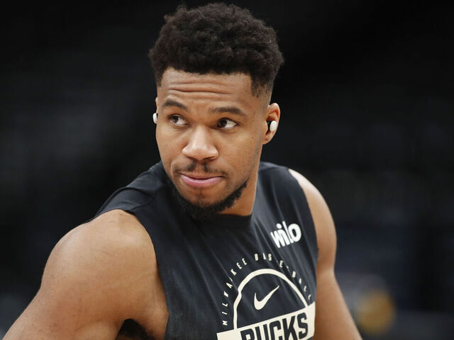 SALT LAKE CITY, UT - MARCH 19: Giannis Antetokounmpo #29 of the Milwaukee Bucks walks on the court during warmups before their game against the Utah Jazz at the Delta Center on March 19, 2026 in Salt Lake City, Utah.