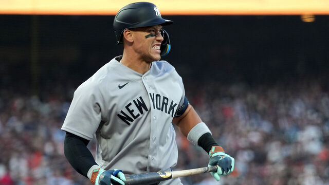 SAN FRANCISCO, CALIFORNIA - MARCH 25: Aaron Judge #99 of the New York Yankees reacts after a strike out against the San Francisco Giants during the sixth inning on Opening Day at Oracle Park on March 25, 2026 in San Francisco, California.