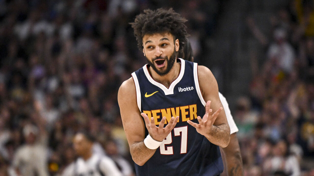 DENVER , CO - MARCH 25: Jamal Murray (27) of the Denver Nuggets celebrates after making a tough shot against the Dallas Mavericks during the third quarter at Ball Arena in Denver, Colorado on Wednesday, March 25, 2026.
