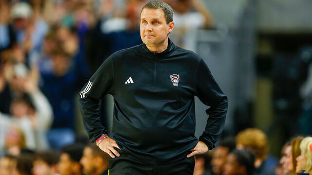 AUBURN, ALABAMA - DECEMBER 3: Will Wade head coach of the NC State Wolfpack watches play during the first half against the Auburn Tigers at Neville Arena on December 3, 2025 in Auburn, Alabama.