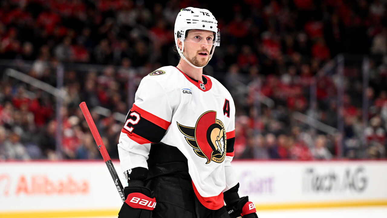 WASHINGTON, DC - MARCH 18: Thomas Chabot #72 of the Ottawa Senators rests during a break in the game against the Washington Capitals at Capital One Arena on March 18, 2026 in Washington, DC.
