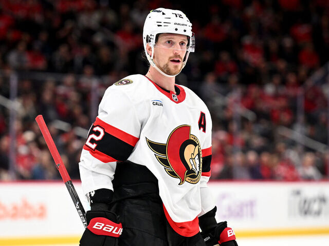 WASHINGTON, DC - MARCH 18: Thomas Chabot #72 of the Ottawa Senators rests during a break in the game against the Washington Capitals at Capital One Arena on March 18, 2026 in Washington, DC.