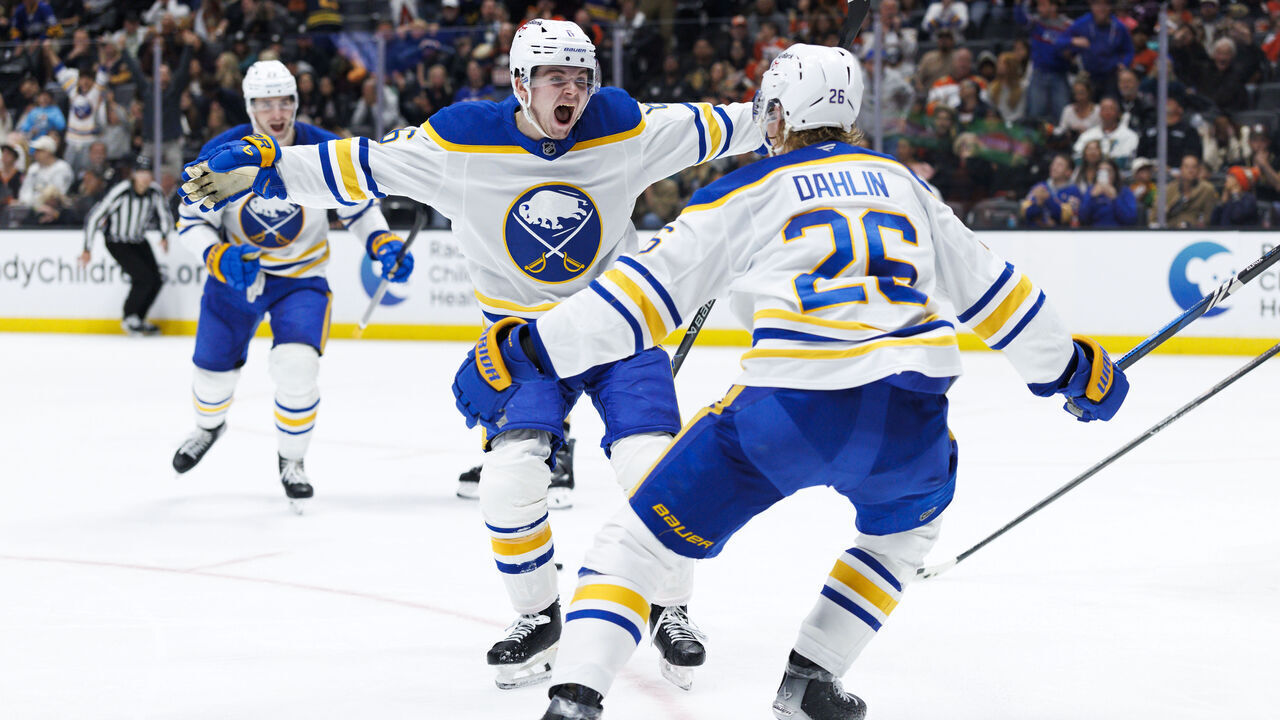 ANAHEIM, CALIFORNIA - MARCH 22: Zach Benson #6 of the Buffalo Sabres celebrates his goal with Rasmus Dahlin #26 of the Buffalo Sabres during the third period against the Anaheim Ducks at Honda Center on March 22, 2026 in Anaheim, California.