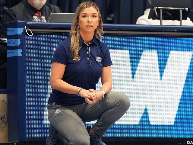 WASHINGTON, DC - NOVEMBER 23: Head coach Hana Haden of the Georgia Southern Eagles looks on during a womens college basketball game against the George Washington Revolutionaries at the Smith Center on November 23, 2024 in Washington, DC.
