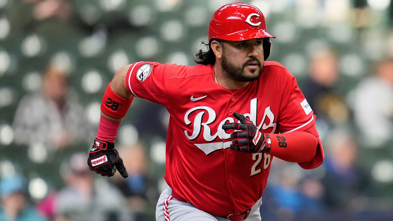 MILWAUKEE, WISCONSIN - MARCH 24: A detail picture of the Franklin batting gloves worn by Eugenio Suárez #28 of the Cincinnati Reds during the exhibition game \amb at American Family Field on March 24, 2026 in Milwaukee, Wisconsin.