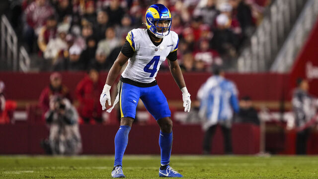 SANTA CLARA, CA - DECEMBER 12: Ahkello Witherspoon #4 of the Los Angeles Rams defends in coverage during an NFL football game against the San Francisco 49ers at Levi's Stadium on December 12, 2024 in Santa Clara, California.