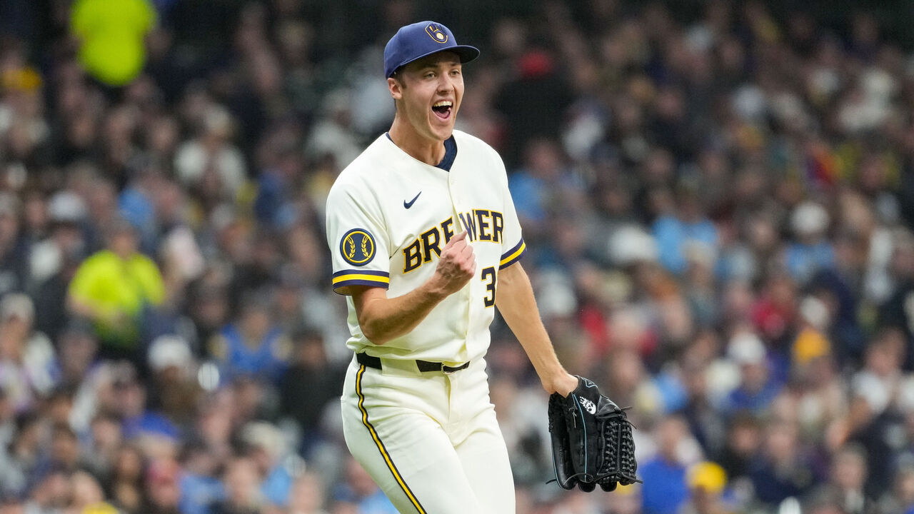 MILWAUKEE, WI - MARCH 26: Jacob Misiorowski #32 of the Milwaukee Brewers celebrates during the game between the Chicago White Sox and the Milwaukee Brewers at American Family Field on Thursday, March 26, 2026 in Milwaukee, Wisconsin.