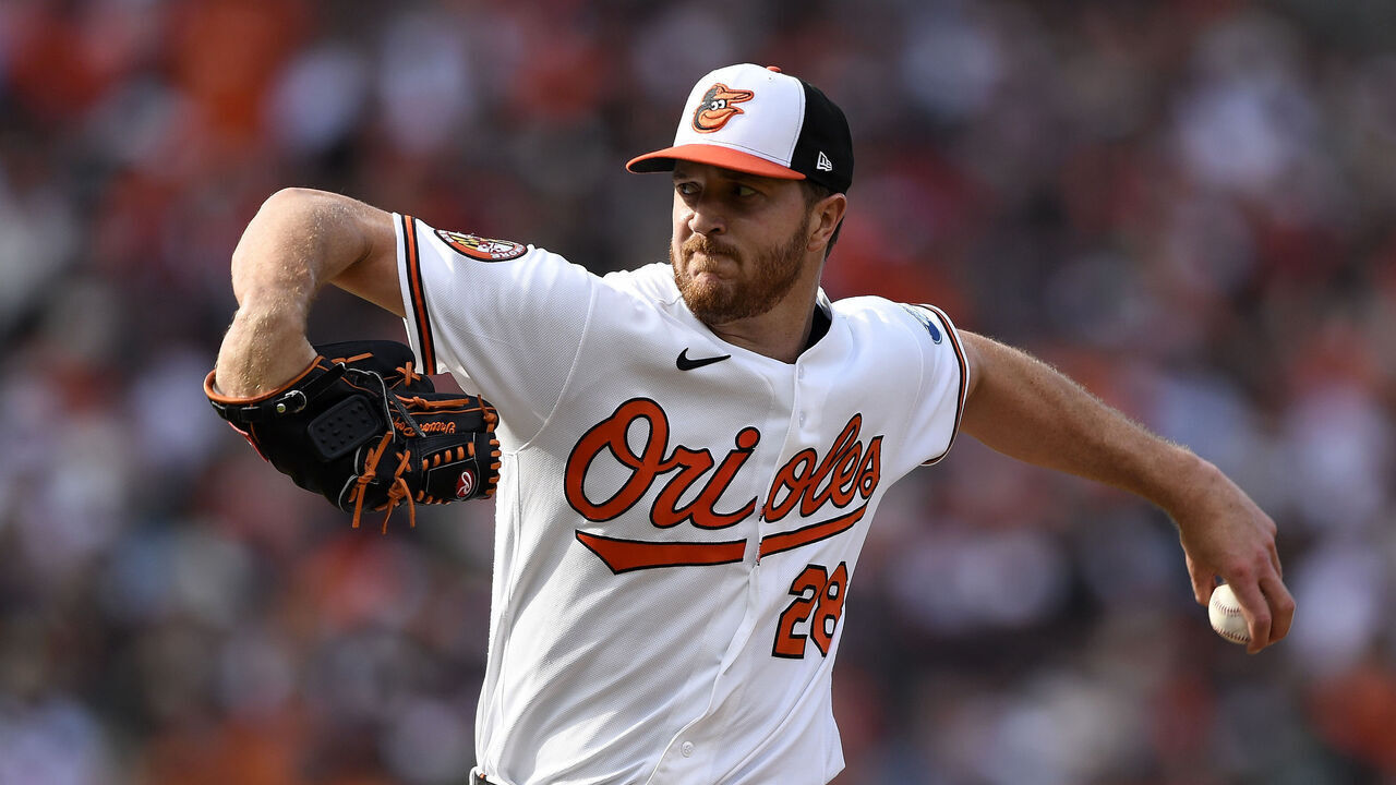 BALTIMORE, MD - MARCH 26: Trevor Rogers #28 of the Baltimore Orioles pitches during the game between the Minnesota Twins and the Baltimore Orioles at Oriole Park at Camden Yards on Thursday, March 26, 2026 in Baltimore, Maryland.