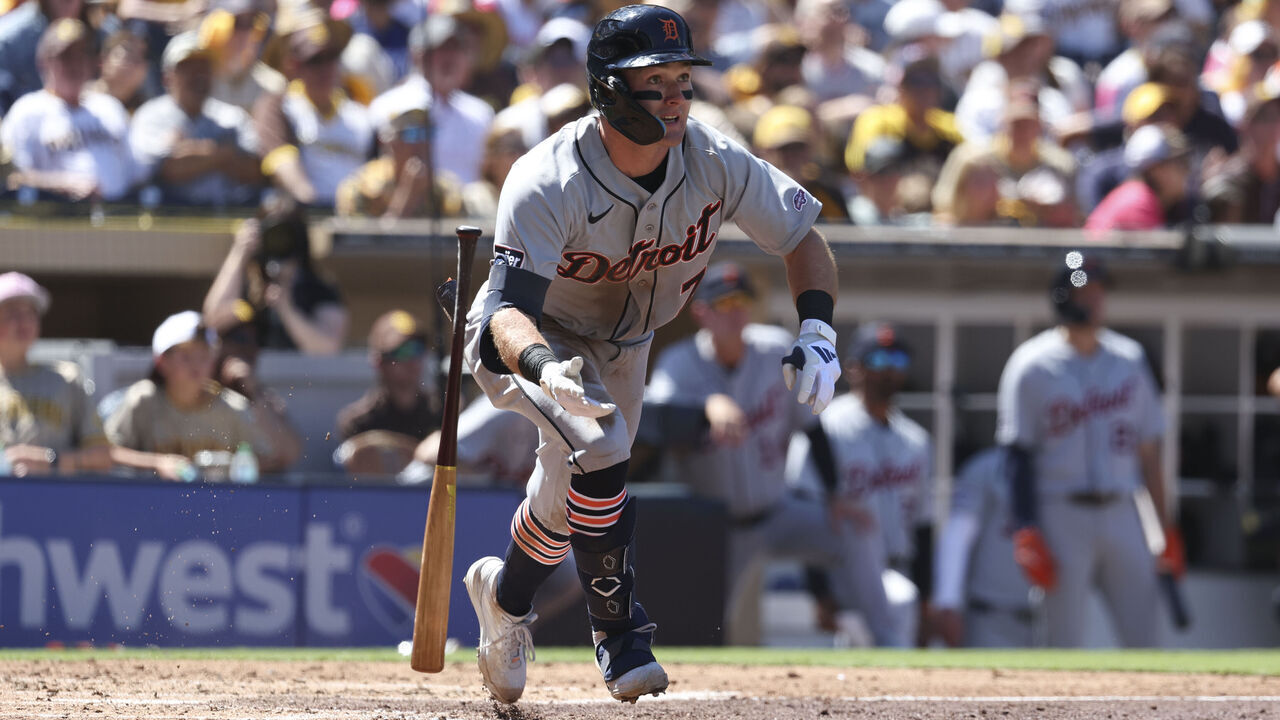 SAN DIEGO, CA - MARCH 26: Kevin McGonigle #7 of the Detroit Tigers runs to second base after hitting a double in the top of the third inning during the game between the Detroit Tigers and the San Diego Padres at Petco Park on Thursday, March 26, 2026 in San Diego, California.