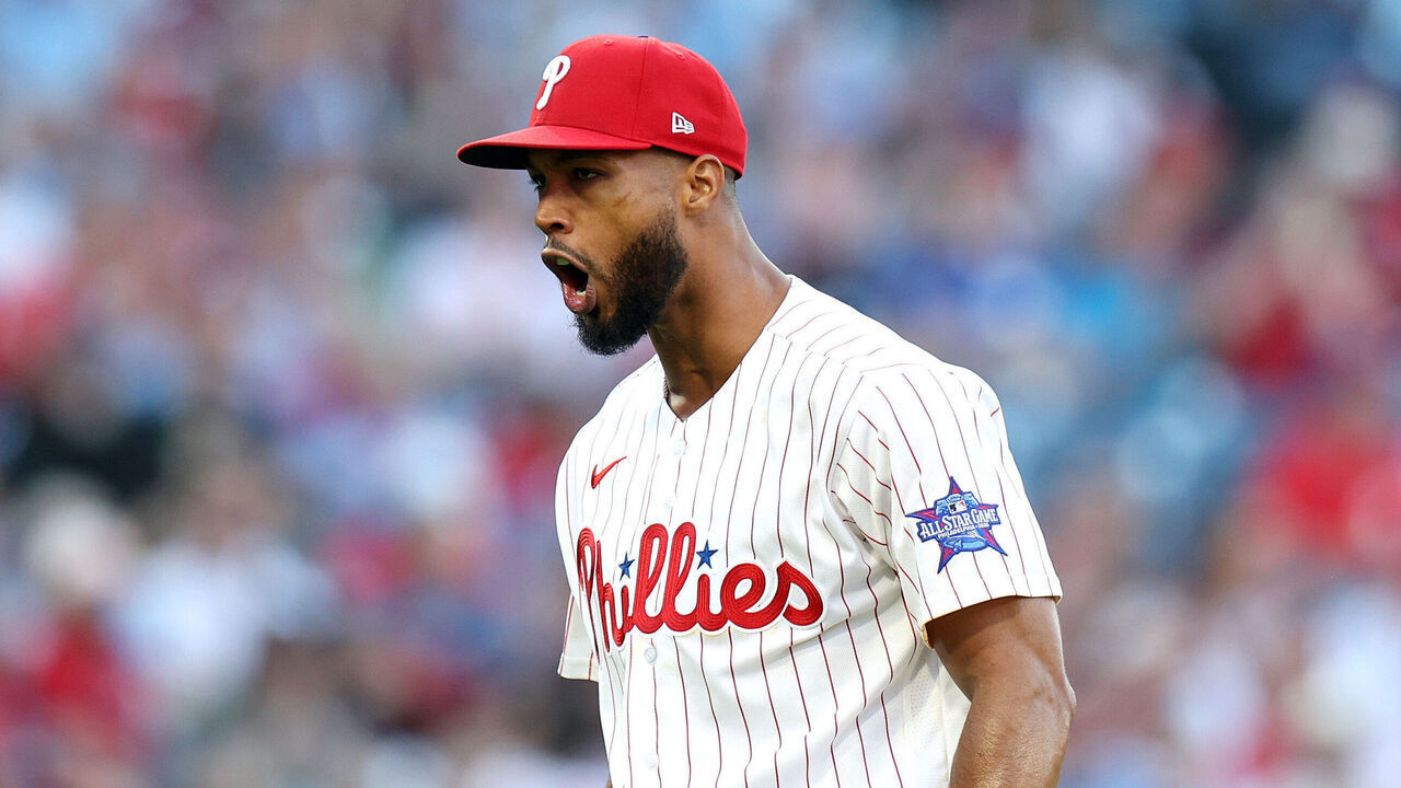 PHILADELPHIA, PENNSYLVANIA - MARCH 26: Cristopher Sánchez #61 of the Philadelphia Phillies reacts after the sixth inning against the Texas Rangers on Opening Day at Citizens Bank Park on March 26, 2026 in Philadelphia, Pennsylvania.