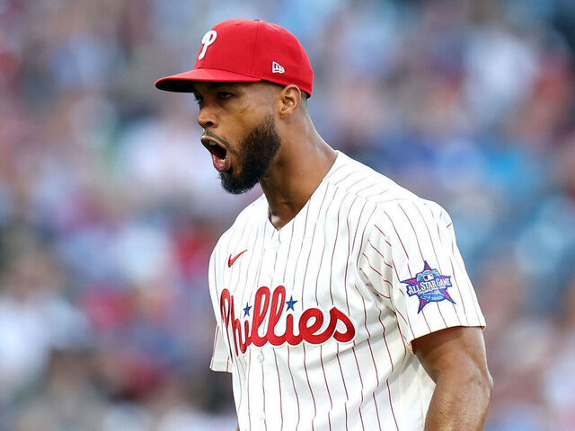 PHILADELPHIA, PENNSYLVANIA - MARCH 26: Cristopher Sánchez #61 of the Philadelphia Phillies reacts after the sixth inning against the Texas Rangers on Opening Day at Citizens Bank Park on March 26, 2026 in Philadelphia, Pennsylvania.