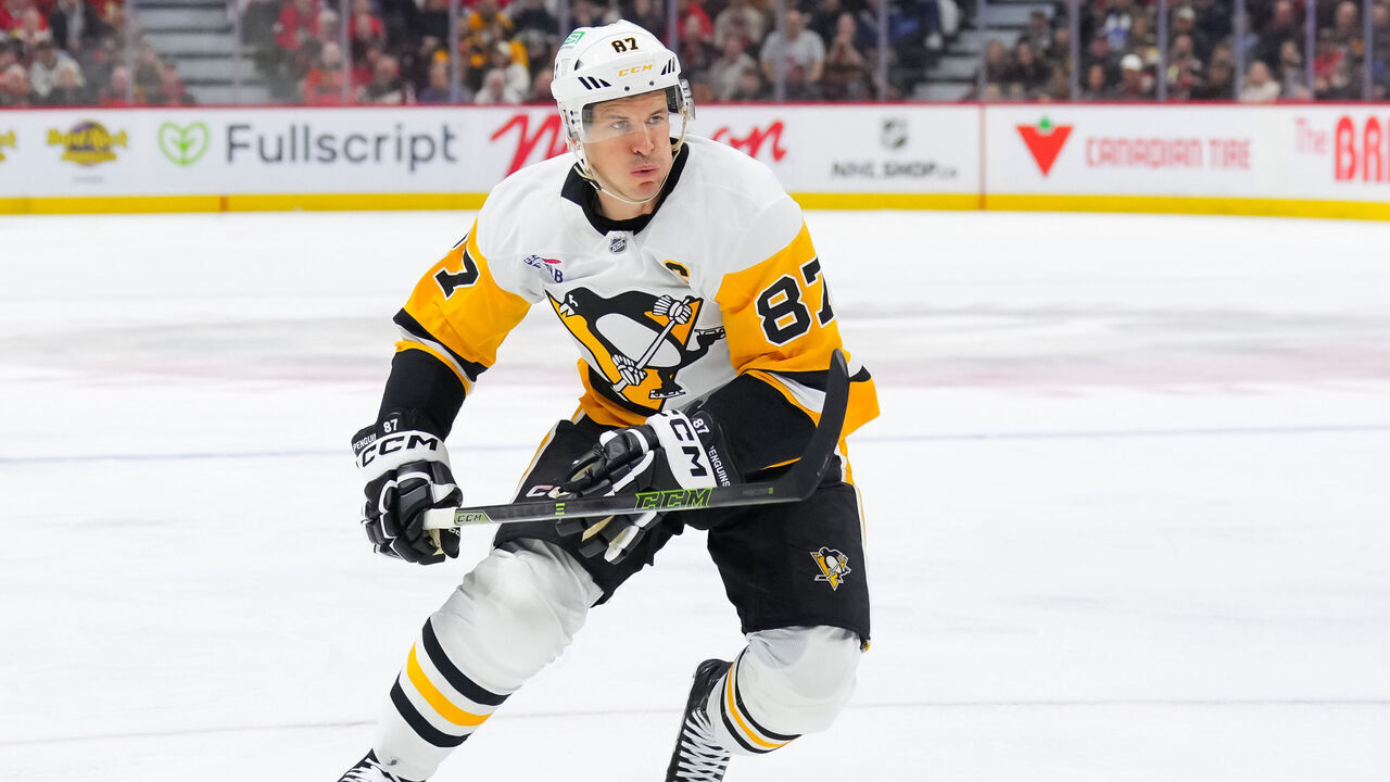 OTTAWA, CANADA - MARCH 26: Sidney Crosby #87 of the Pittsburgh Penguins skates against the Ottawa Senators in the first period at Canadian Tire Centre on March 26, 2026 in Ottawa, Ontario, Canada.