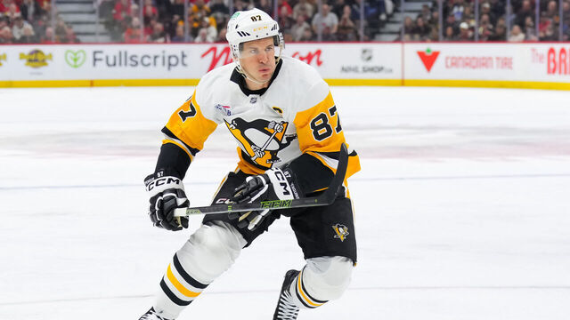 OTTAWA, CANADA - MARCH 26: Sidney Crosby #87 of the Pittsburgh Penguins skates against the Ottawa Senators in the first period at Canadian Tire Centre on March 26, 2026 in Ottawa, Ontario, Canada.