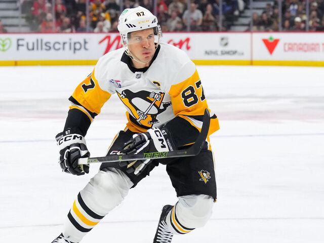 OTTAWA, CANADA - MARCH 26: Sidney Crosby #87 of the Pittsburgh Penguins skates against the Ottawa Senators in the first period at Canadian Tire Centre on March 26, 2026 in Ottawa, Ontario, Canada.