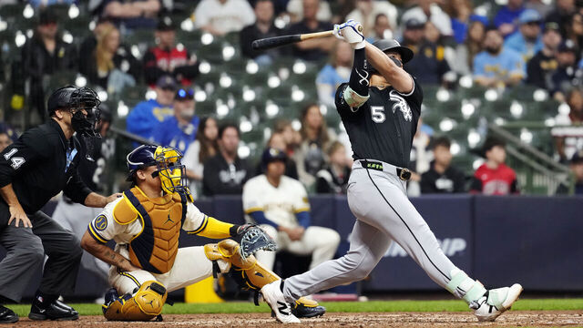 MILWAUKEE, WI - MARCH 26: Munetaka Murakami #5 of the Chicago White Sox hits a solo home run in the ninth inning during the game between the Chicago White Sox and the Milwaukee Brewers at American Family Field on Thursday, March 26, 2026 in Milwaukee, Wisconsin.