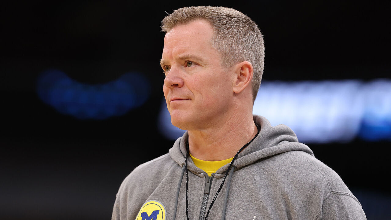 CHICAGO, ILLINOIS - MARCH 26: Head coach Dusty May of the Michigan Wolverines looks on during practice ahead of their NCAA Men's Basketball Tournament Sweet Sixteen game against the Alabama Crimson Tide at the United Center on March 26, 2026 in Chicago, Illinois.