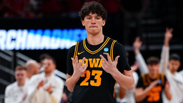 HOUSTON, TEXAS - MARCH 26: Isaia Howard #23 of the Iowa Hawkeyes reacts during the Sweet Sixteen round game of the 2026 NCAA Men's Basketball Tournament held at Toyota Center on March 26, 2026 in Houston, Texas.