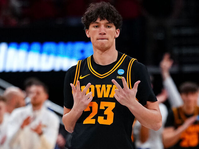 HOUSTON, TEXAS - MARCH 26: Isaia Howard #23 of the Iowa Hawkeyes reacts during the Sweet Sixteen round game of the 2026 NCAA Men's Basketball Tournament held at Toyota Center on March 26, 2026 in Houston, Texas.