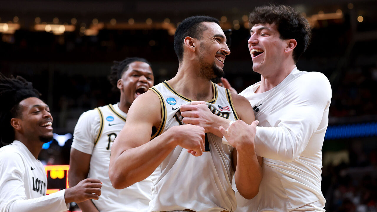 SAN JOSE, CALIFORNIA - MARCH 26: Trey Kaufman-Renn #4 of the Purdue Boilermakers celebrates with teammates after making the game-winning shot against the Texas Longhorns during the second half in the Sweet Sixteen of the 2026 NCAA Men's Basketball Tournament at SAP Center on March 26, 2026 in San Jose, California.
