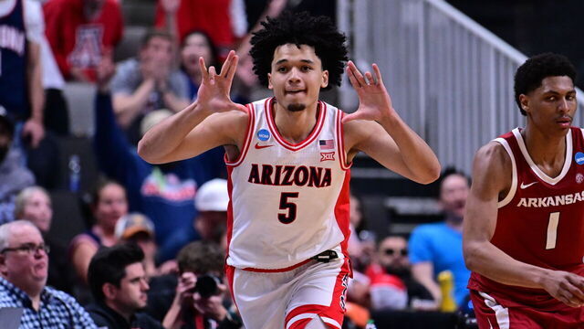 SAN JOSE, CALIFORNIA - MARCH 26: Brayden Burries #5 of the Arizona Wildcats celebrates against the Arkansas Razorbacks during the Sweet Sixteen round game of the 2026 NCAA Men's Basketball Tournament held at SAP Center on March 26, 2026 in San Jose, California.