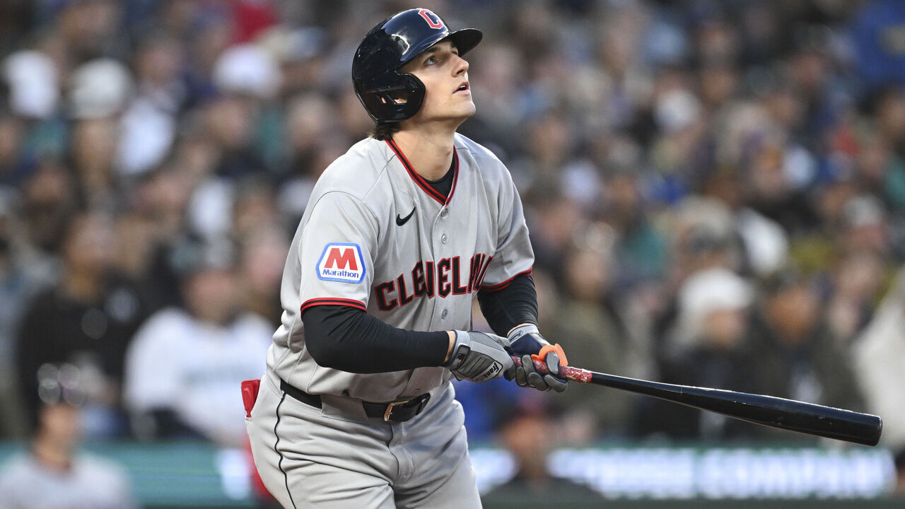 SEATTLE, WA - MARCH 26: Chase DeLauter #24 of the Cleveland Guardians hits a home run in the top of the first inning during the game between the Cleveland Guardians and the Seattle Mariners at T-Mobile Park on Thursday, March 26, 2026 in Seattle, Washington.
