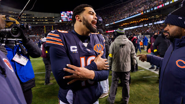 CHICAGO, ILLINOIS - DECEMBER 20: Caleb Williams #18 of the Chicago Bears celebrates following an NFL football game against the Green Bay Packers at Solider Field on December 20, 2025 in Chicago, Illinois.