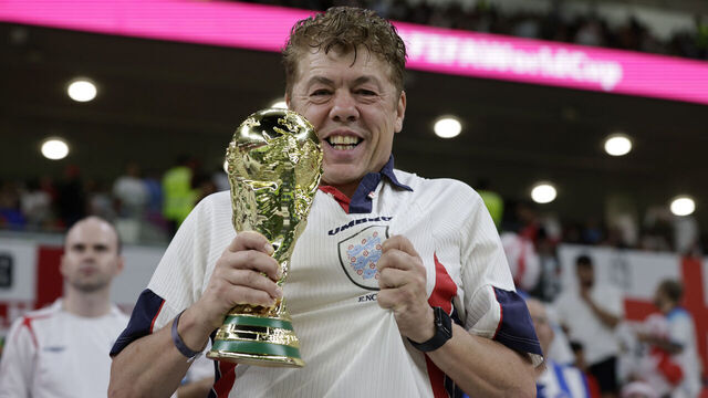 DOHA, QATAR - NOVEMBER 29: England fan and Retired teacher Andy Milne before the FIFA World Cup Qatar 2022 Group B match between Wales and England at Ahmad Bin Ali Stadium on November 29, 2022 in Doha, Qatar.