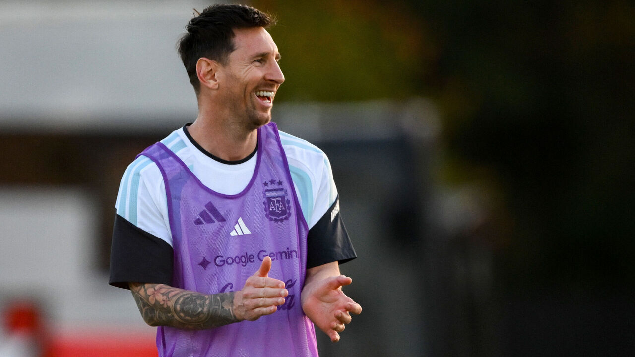 Argentina's forward Lionel Messi smiles during a training session in Ezeiza, Buenos Aires province, Argentina on March 25, 2026. Argentina will play a friendly match against Mauritania on March 27 at the La Bombonera Stadium in Buenos Aires.