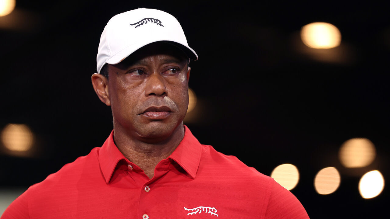 PALM BEACH GARDENS, FLORIDA - MARCH 24: Tiger Woods of Jupiter Links Golf Club looks on after the match against the Los Angeles Golf Club at SoFi Center on March 24, 2026 in Palm Beach Gardens, Florida.