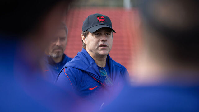 MARIETTA, GEORGIA - MARCH 23: Head Coach Mauricio Pochettino of the United States Speaking to players during the USMNT training at Children's Healthcare of Atlanta Training Ground on March 23, 2026 in Marietta, Georgia.