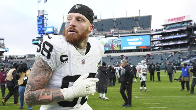 PHILADELPHIA, PENNSYLVANIA - DECEMBER 14: Maxx Crosby #98 of the Las Vegas Raiders looks on against the Philadelphia Eagles at Lincoln Financial Field on December 14, 2025 in Philadelphia, United States.