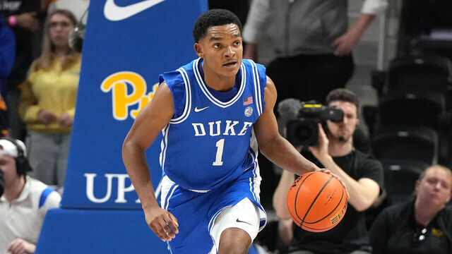 PITTSBURGH, PA - FEBRUARY 10: Caleb Foster #1 of the Duke Blue Devils dribbles up court during a college basketball game against the Pittsburgh Panthers at the Petersen Events Center on February 10, 2026 in Pittsburgh, Pennsylvania.