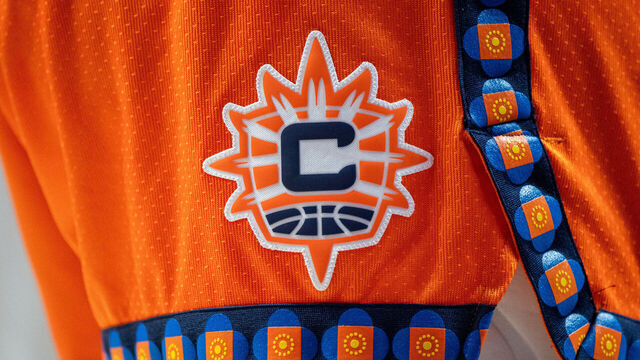 UNCASVILLE, CT - SEPTEMBER 10: A close up view of the Connecticut Sun logo on shorts during a WNBA game between the Atlanta Dream and the Connecticut Sun on September 10, 2025, at Mohegan Sun Arena in Uncasville, CT.