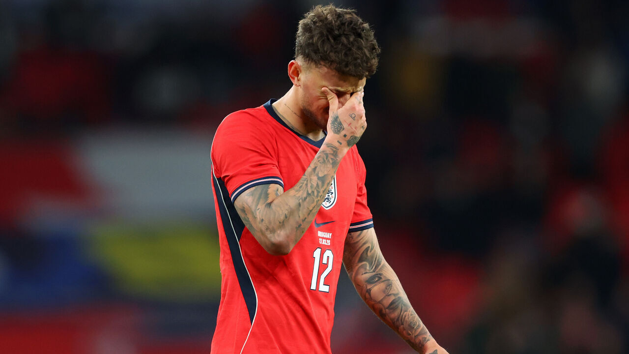 LONDON, ENGLAND - MARCH 27: Ben White of England reacts during the international friendly match between England and Uruguay at Wembley Stadium on March 27, 2026 in London, England.