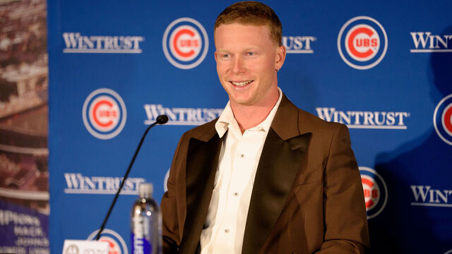 CHICAGO, IL - MARCH 27: Pete Crow-Armstrong #4 of the Chicago Cubs addresses the media after signing a contract extension at Wrigley Field on March 27, 2026 in Chicago, Illinois.