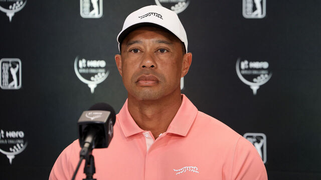 NASSAU, BAHAMAS - DECEMBER 03: Tiger Woods of the United States the tournament host speaks to the media during his media conference as a preview for the Hero World Challenge 2024 at Albany Golf Course on December 03, 2024 in Nassau, Bahamas.