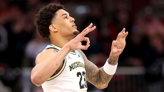 CHICAGO, ILLINOIS - MARCH 27: Yaxel Lendeborg #23 of the Michigan Wolverines celebrates a basket during the second half against the Alabama Crimson Tide in the Sweet Sixteen of the 2026 NCAA Men's Basketball Tournament at the United Center on March 27, 2026 in Chicago, Illinois.