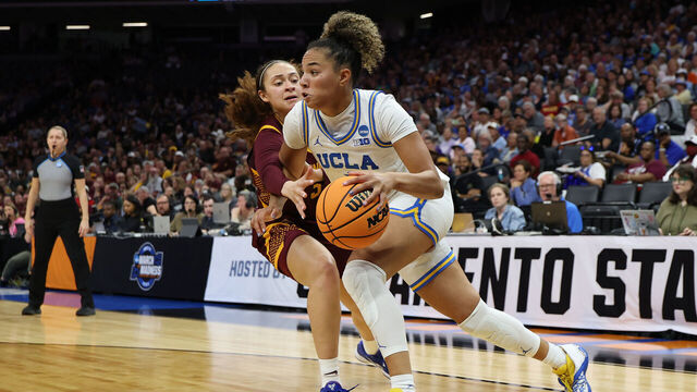 SACRAMENTO, CALIFORNIA - MARCH 27: Kiki Rice #1 of the UCLA Bruins drives to the basket against Amaya Battle #3 of the Minnesota Golden Gophers during the fourth quarter in the Sweet Sixteen of the 2026 NCAA Women's Basketball Tournament at Golden 1 Center on March 27, 2026 in Sacramento, California.