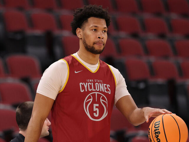 CHICAGO, ILLINOIS - MARCH 26: Joshua Jefferson #5 of the Iowa State Cyclones looks on during practice ahead of their NCAA Men's Basketball Tournament Sweet Sixteen game against the Tennessee Volunteers at the United Center on March 26, 2026 in Chicago, Illinois.